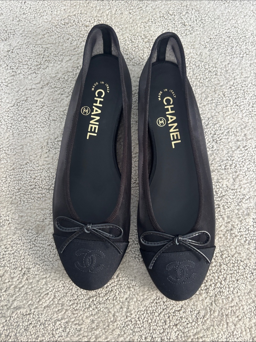 CHANEL Black Nylon Ballet Flats with Bow and CC Toe
